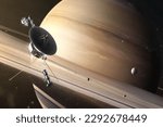 A photograph of the Voyager spacecraft in front of the planet Saturn.