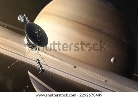 A photograph of the Voyager spacecraft in front of the planet Saturn.