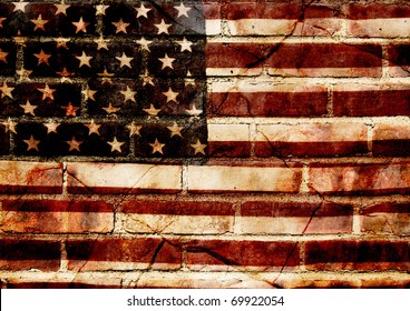 photograph of a worn American flag layered with textures of a brick wall and broken slate - concept of cracked america