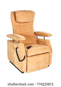 Photographed Beige Fabric Senior Lift Chair With Remote Control, Adjustable Arm Rests And Head Support On White Background.