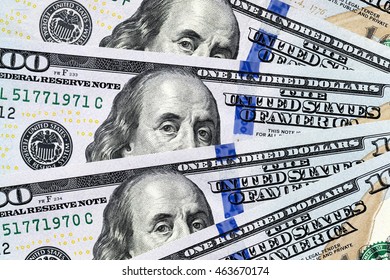   photographed close-up of American paper money worth one hundred dollars, the new   bil - Shutterstock ID 463670174
