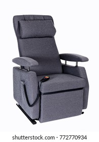 Photographed Grey Senior Lift Chair With Remote Control On White Background.