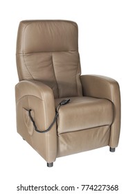 Photographed Liver Colored Leather Senior Lift Chair With Remote Control On White Background.