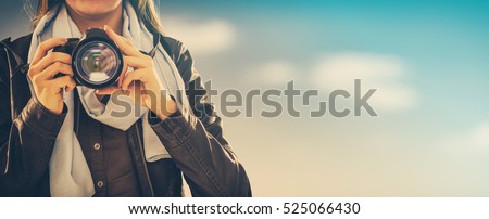 photographer camera dslr photo person portrait photographing girl joy make photography taking concept - stock image