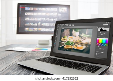 Photographer Camera Editor Monitor Design Laptop Photo Screen Photography - Stock Image