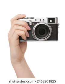 Photographer with camera on white background, closeup
