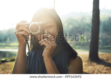 Photographer Camera Woman Shooting Woods Nature Concept