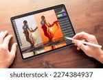 Photographer editing photo on digital tablet, before and after color correction