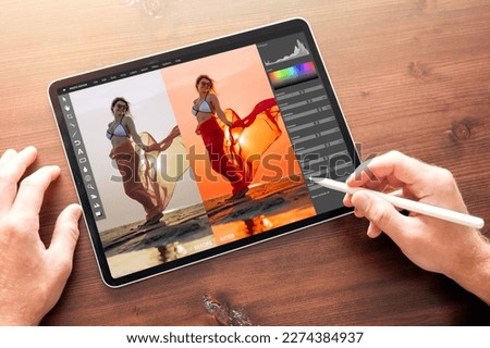 Photographer editing photo on digital tablet, before and after color correction
