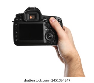 Photographer holding modern camera on white background, closeup - Powered by Shutterstock