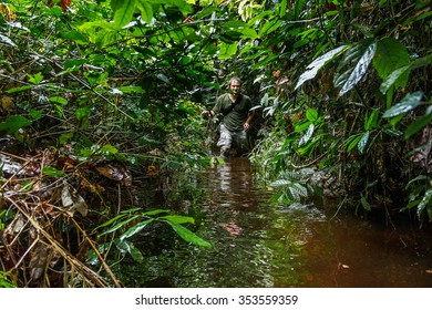 The Photographer In The Jungle Goes Through A Bog. Republic Of Congo. Africa