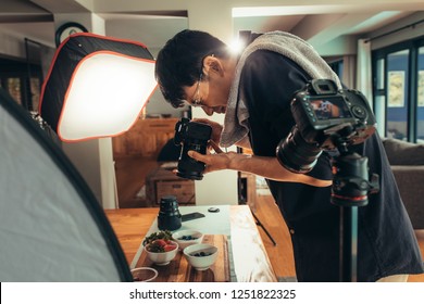 Photographer Making Vlog On Food Photography. In Studio. Food Photographer Shooting Food And Recording Video On Camera.