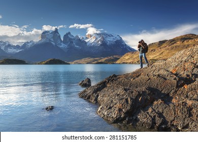 Photographer in the National park Torres del Paine, Patagonia, Chile