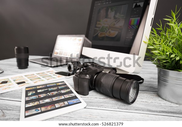 photographer photographic photograph journalist\
camera traveling photo dslr editing edit hobbies lighting concept -\
stock image