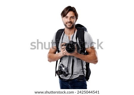 Photographer, portrait and backpack with camera in studio for career, behind the scenes and happy. Photography, person or smile with equipment, mockup space or shooting gear for photoshoot or passion