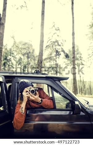 Similar – Image, Stock Photo Woman looking through the binoculars and friend driving