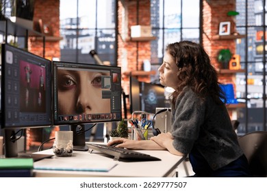 Photographer using AI program turning text prompt into photos, retouching technique. Graphic designer text to image artificial intelligence generator transforming words into pictures.