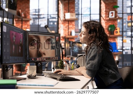 Photographer using AI program turning text prompt into photos, retouching technique. Graphic designer text to image artificial intelligence generator transforming words into pictures.