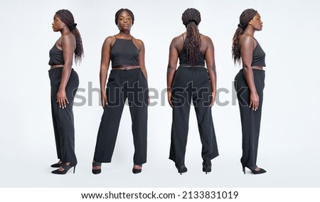 Photographing an African American woman from different angles, isolated on white background.