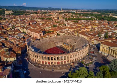 Photographing with drone. Arena in the city of Verona, Italy.