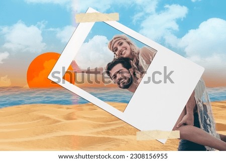 Photography 3d collage image picture of two people wife husband walk sand seaside look sun enjoy harmony romantic time feelings