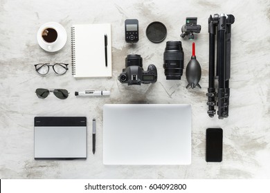 photography accessories on work table top view