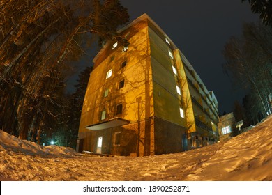 Photography Of The Beautiful Holiday Home Building In Sunny Night. Concept Of The Russian Domestic Tourism. Fish Eye Lens.