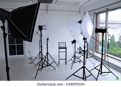 Photography Equipment Lighting System Camera Portrait Professional Studio Set Up Position With White Background 