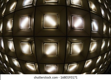 Photography Of A Lot Lighting Lamp In The Moscow Subway. Honeycomb Pattern. White And Black Colors.  Fish Eye Lens.