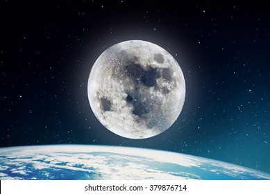 Photography nightly sky and large moon   stars   earth the background  Elements earth this image furnished by NASA  