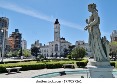 Photography Of The Principal Square Of La Plata City, Argentina, With The City Hall Building Behind And A Woman Statue On The Foreground