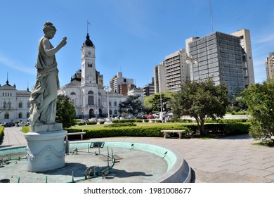 Photography Of The Principal Square Of La Plata City, Argentina, With The City Hall Building Behind And A Beautiful Woman Statue On The Foreground