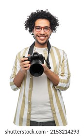 Photography, Profession And People And Concept - Happy Smiling Man Or Photographer In Glasses With Digital Camera Over White Background