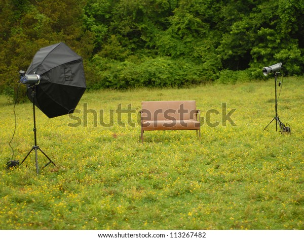 Photography Setup Lights Sofa Chair Prop Stock Photo Edit