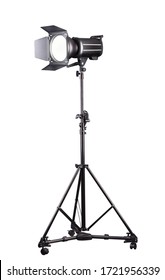 Photography Studio Flash On A Lighting Stand Isolated On White Background With Lamp. Proffetional Equipment Like Monobloc Or Monolight