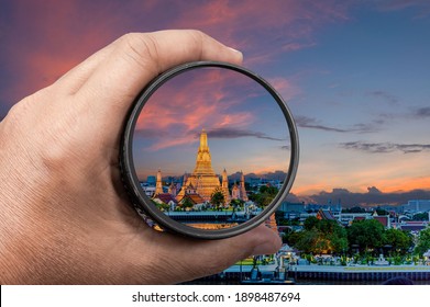 Photography View Camera Photographer Lens Lense Through Video Photo Digital Glass Hand Blurred Focus People Sun Sunset Sunrise Cloud Sky Water Lake Concept - Stock Image Hand Holding A Lens Camera Tra