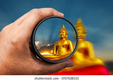 Photography View Camera Photographer Lens Lense Through Video Photo Digital Glass Hand Blurred Focus People Sun Sunset Sunrise Cloud Sky Water Lake Concept - Stock Image Hand Holding A Lens Camera 