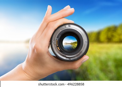 Photography View Camera Photographer Lens Lense Through Video Photo Digital Glass Hand Blurred Focus People Concept - Stock Image