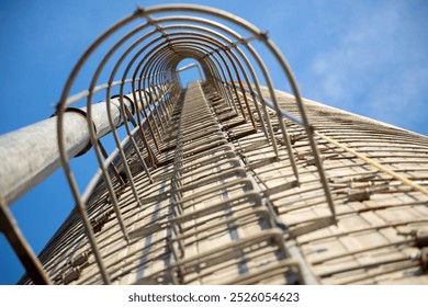 Photography of a the view looking up through the caged ladder of a grain silo on a dairy farm - Powered by Shutterstock