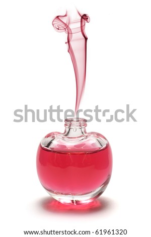 Photomanipulation of smoke and parfume bottle depicting a sweet odour rising from a little cherry-shaped parfume bottle.