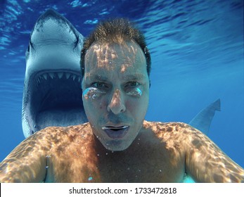 (photomanipulation)European Man Diving With Shark. Scary Selfie With Shark Under Water. Shark Behind His Back With Open Jaw. Most Downloaded.
