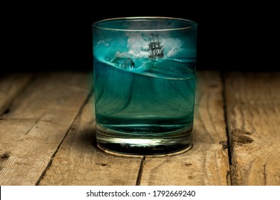 Photomontage Of Glass With Sea And Ship Inside