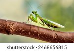 Photorealistic image of a beautiful glass praying mantis on a branch with a soft background. European katydid insect photography collection.