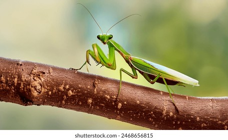 Photorealistic image of a beautiful glass praying mantis on a branch with a soft background. European katydid insect photography collection. - Powered by Shutterstock