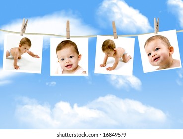 Photos Of An Adorable Baby Hanging On A Clothes Line Against A Cloudy Sky