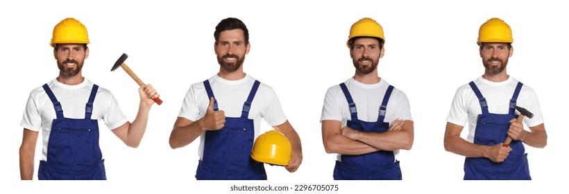 Photos of builder with hammer on white background, collage design