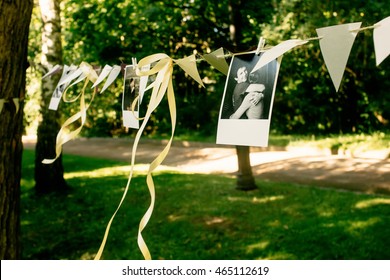 Photos Of Couple And Ribbons Hanging At Celebration Place, Handmade Adorning And Arrangement At Events, Bridal Shower, Photo Booth