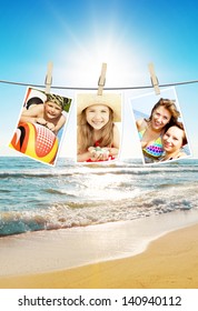 Photos Of Holiday People Hanging On Clothesline With Beach Background