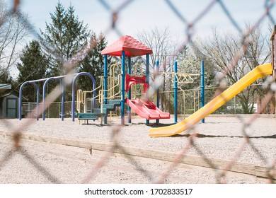 Photos Of A School And Park Playground Behind A Fence Representing The Coronavirus, Covid 19 Pandemic And Closure.