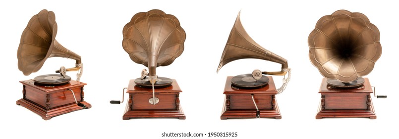 Photos of vintage gramophone isolated on white background. Old record or vinyl music player set of photos from different sides.